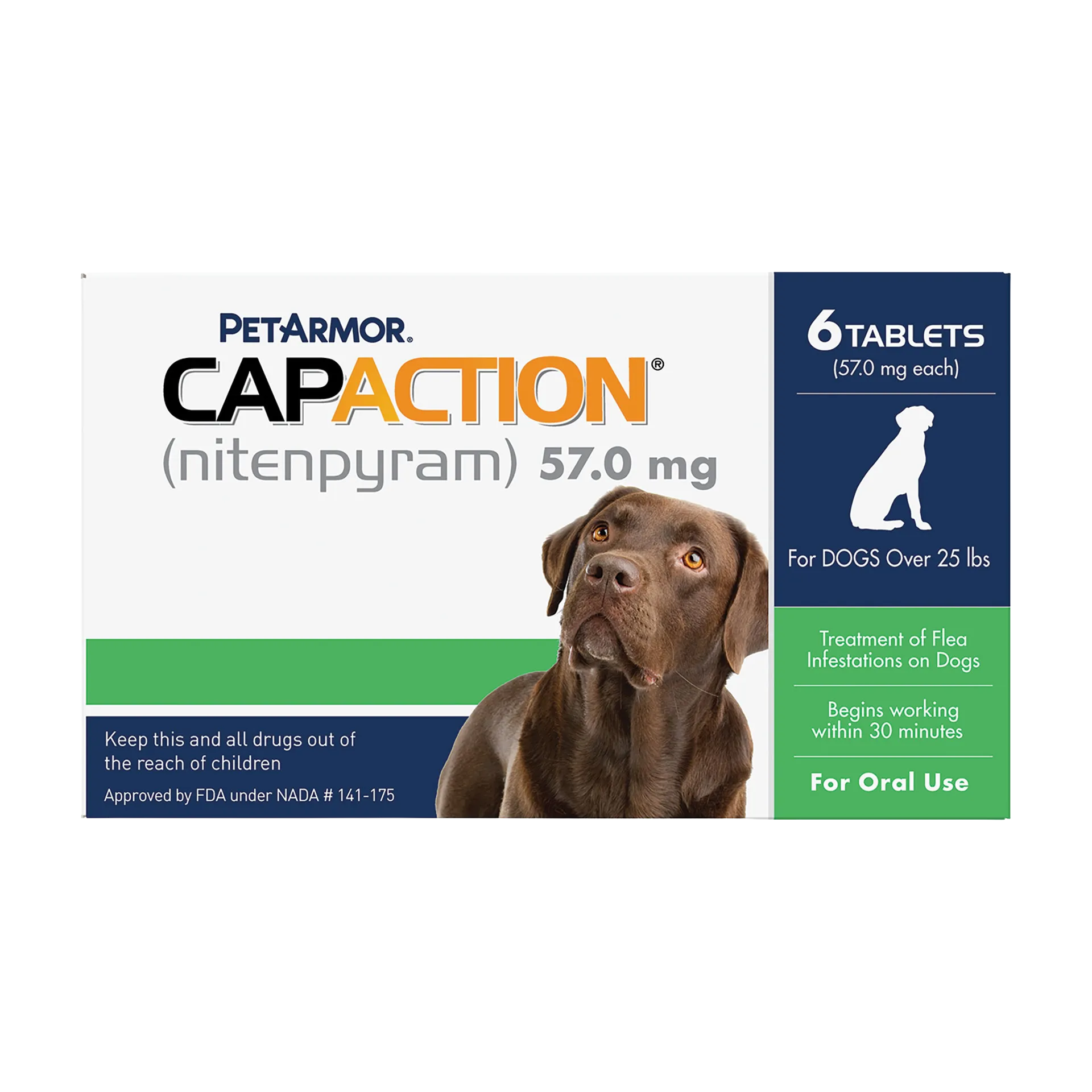 CapAction®,"Front of flea treatment box with brown dog image"