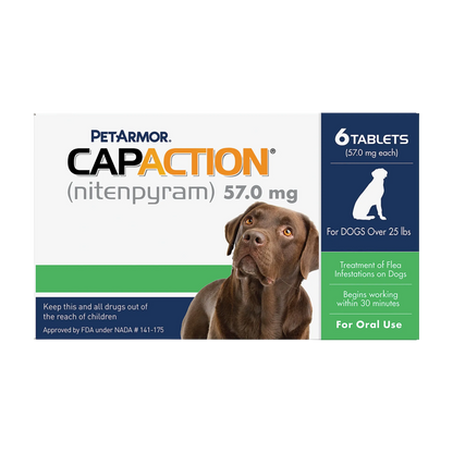 CapAction®,"Front of flea treatment box with brown dog image"