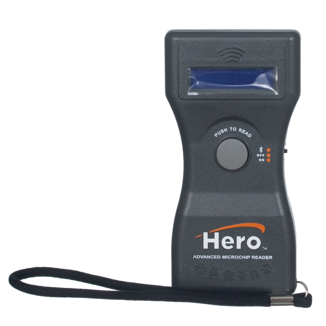Hero™ Universal Microchip Scanner,"Handheld scanner with display screen and wrist strap"