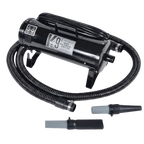 K-9 I Dog Dryer,"Black dog dryer with coiled hose and two nozzle attachments"