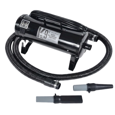 K-9 I Dog Dryer,"Black dog dryer with coiled hose and two nozzle attachments"