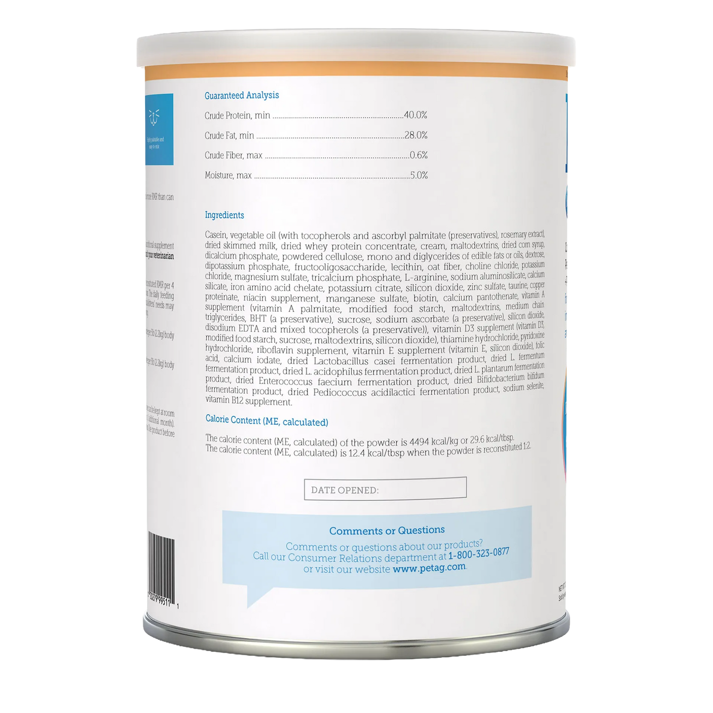KMR®,"Back view of powdered formula can with nutrition label"