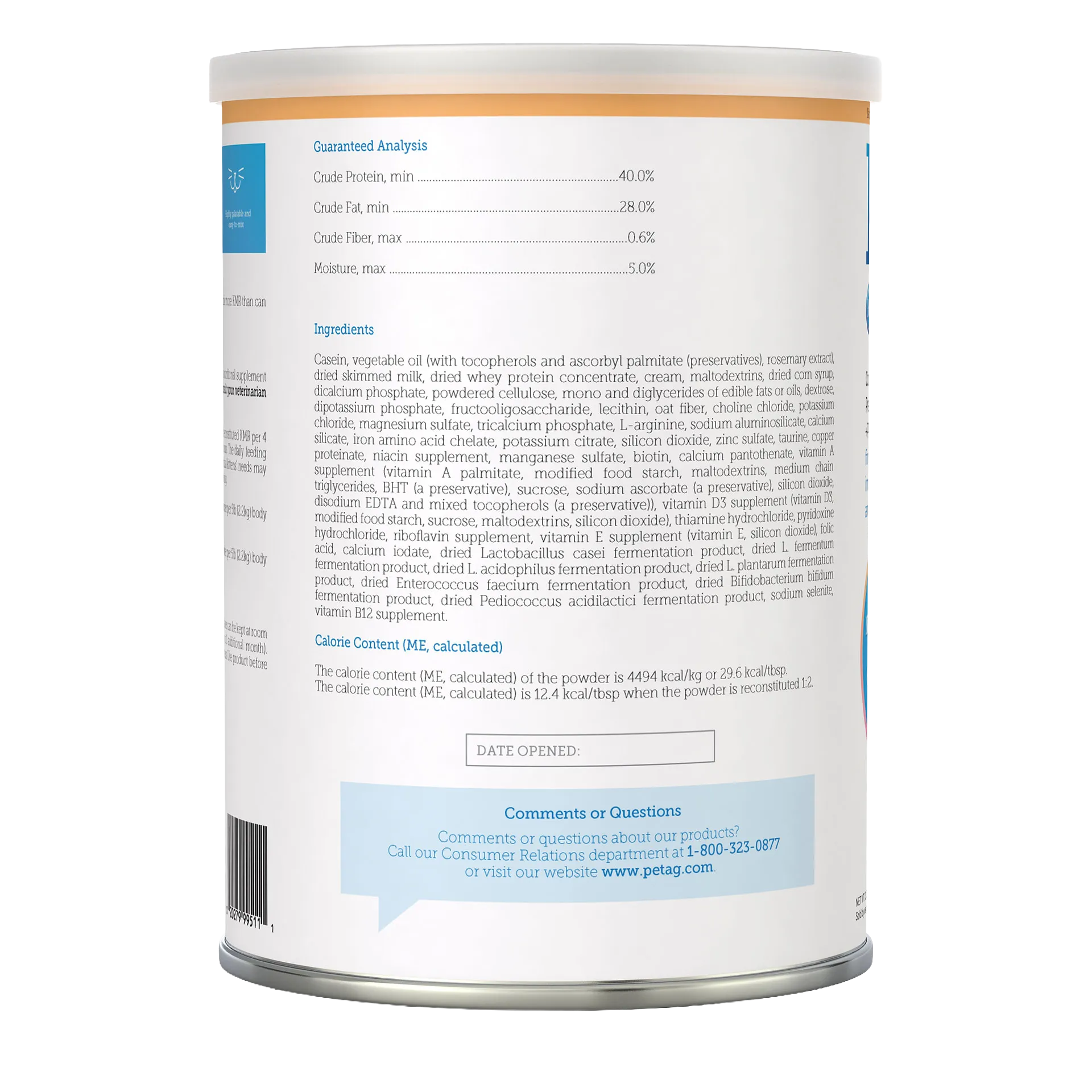 KMR®,"Back view of powdered formula can with nutrition label"