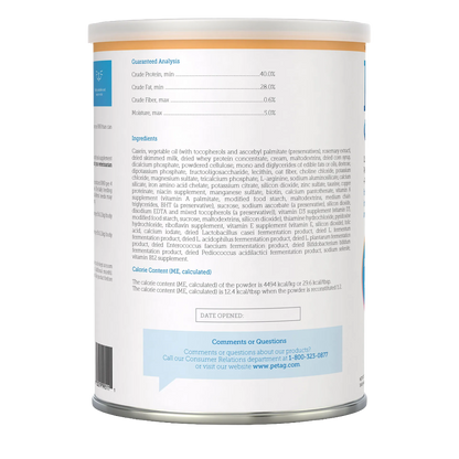 KMR®,"Back view of powdered formula can with nutrition label"