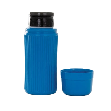 AV Blue Collection Bottle,"Blue bottle with black cap and matching cup"