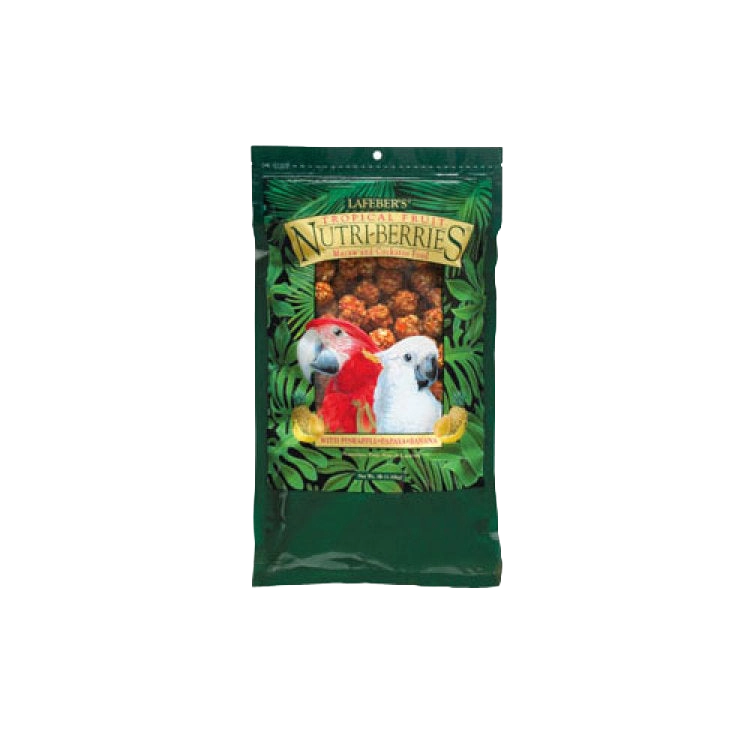 Lafeber Gourmet Tropical Fruit Nutri-Berries,"Green stand-up pouch with parrots and fruit window"