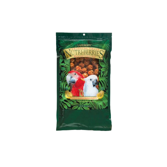 Lafeber Gourmet Tropical Fruit Nutri-Berries,"Green stand-up pouch with parrots and fruit window"