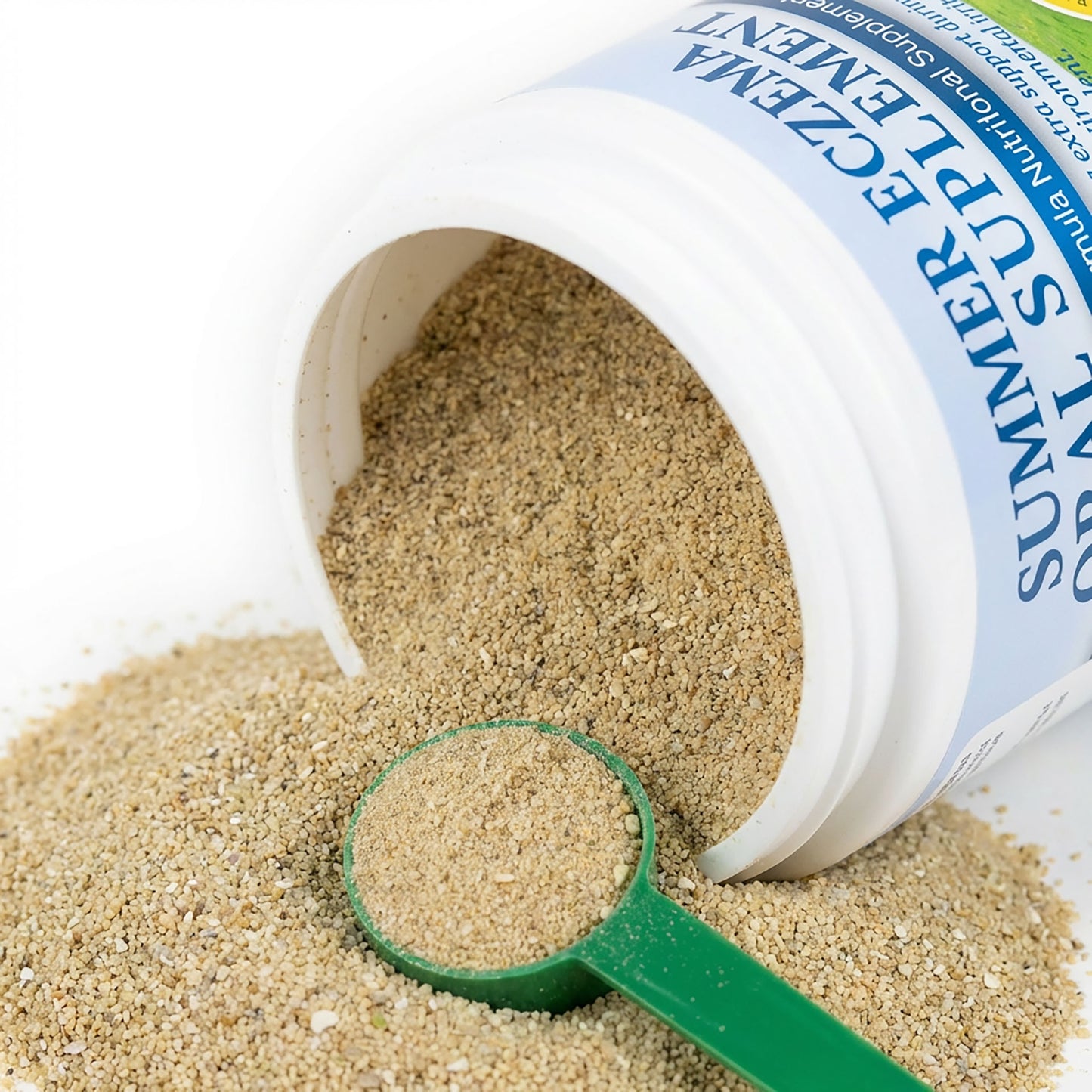 Summer Eczema,"Open white tub pouring granular powder with green scoop"