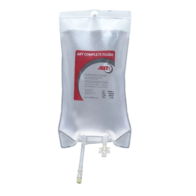 ABT Complete Flush,"Clear IV fluid bag with attached tubing and label"