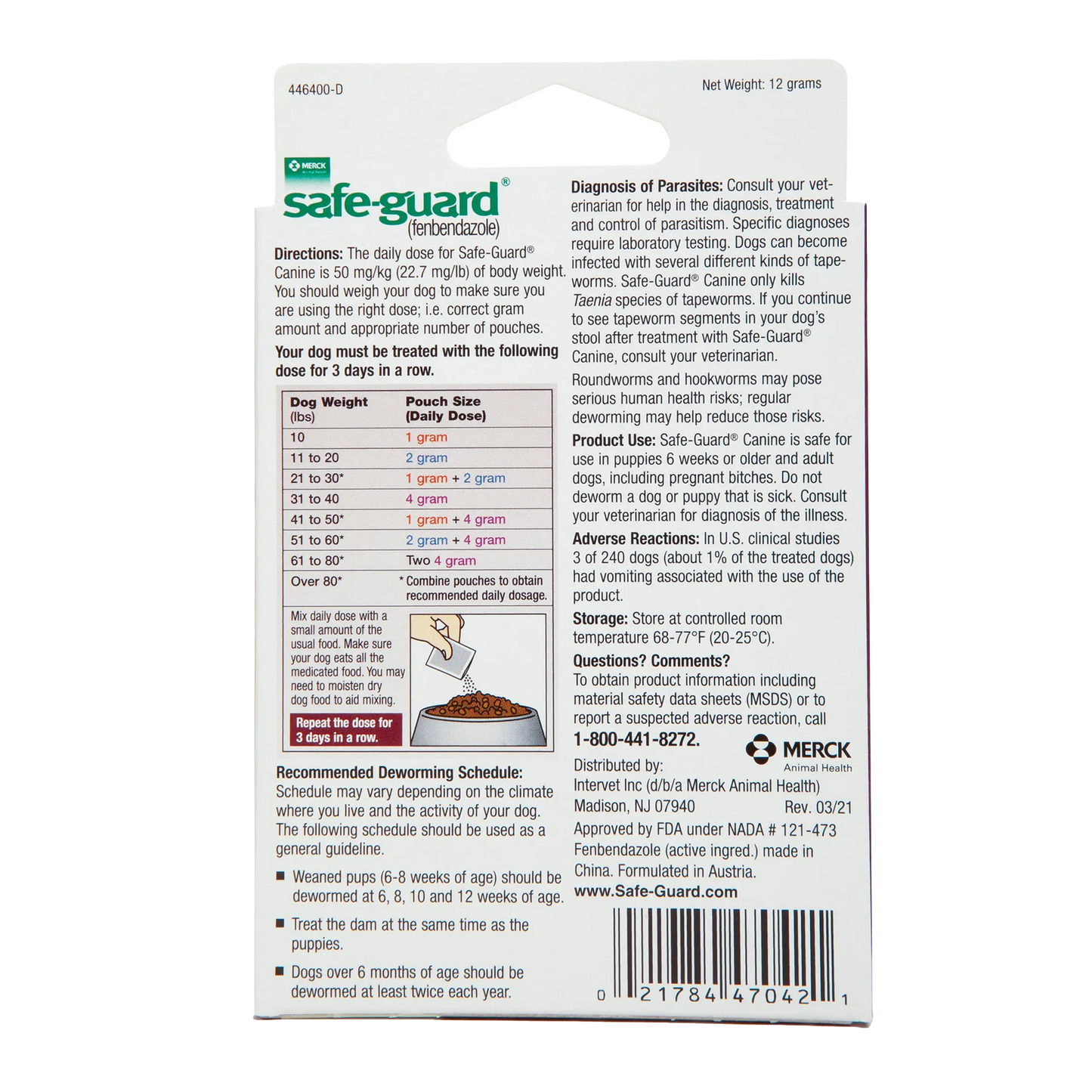 Safe-Guard® Canine Dewormer for Dogs,"Back of hanging box with dosage chart and barcode"