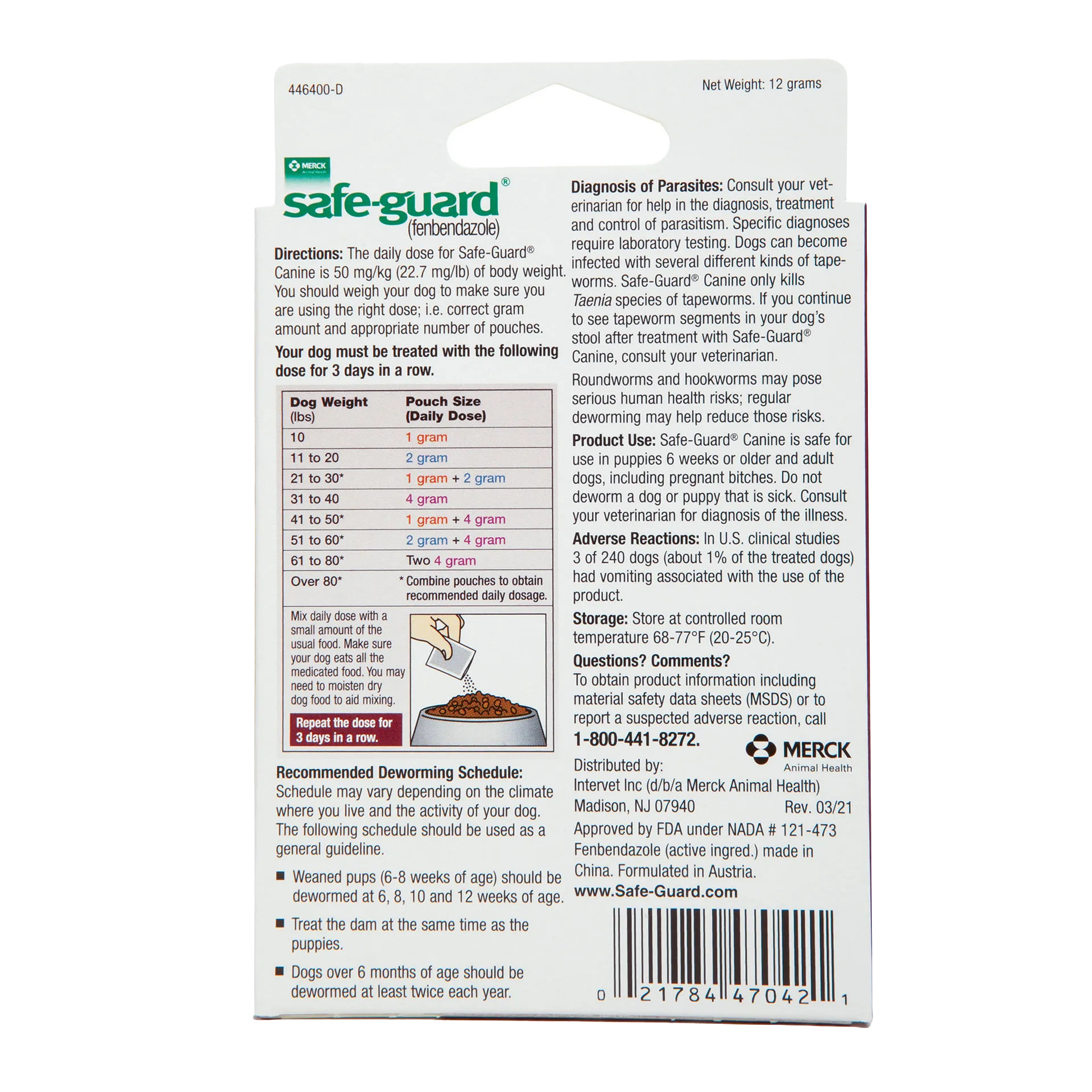 Safe-Guard® Canine Dewormer for Dogs,"Back of hanging box with dosage chart and barcode"
