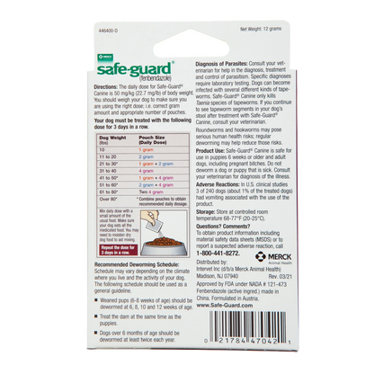 Safe-Guard® Canine Dewormer for Dogs,"Back of hanging box with dosage chart and barcode"