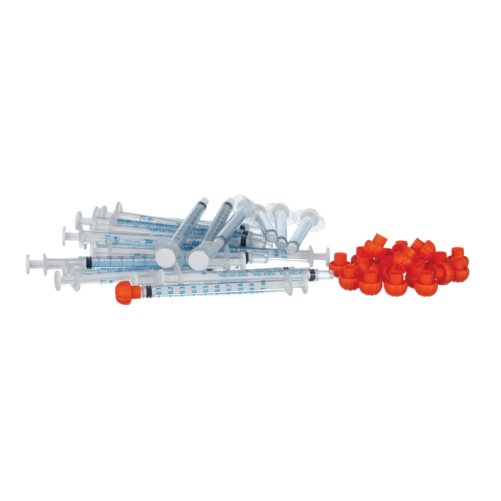 O-Ring Syringe,"Clear oral syringes with orange caps"