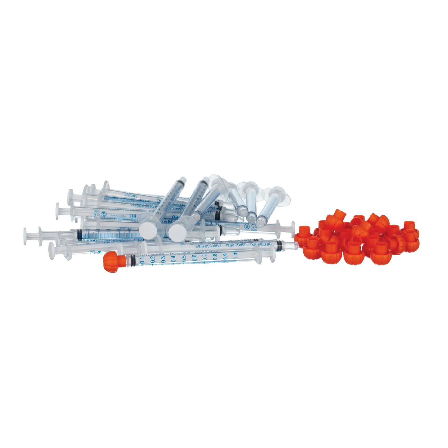O-Ring Syringe,"Clear oral syringes with orange caps"