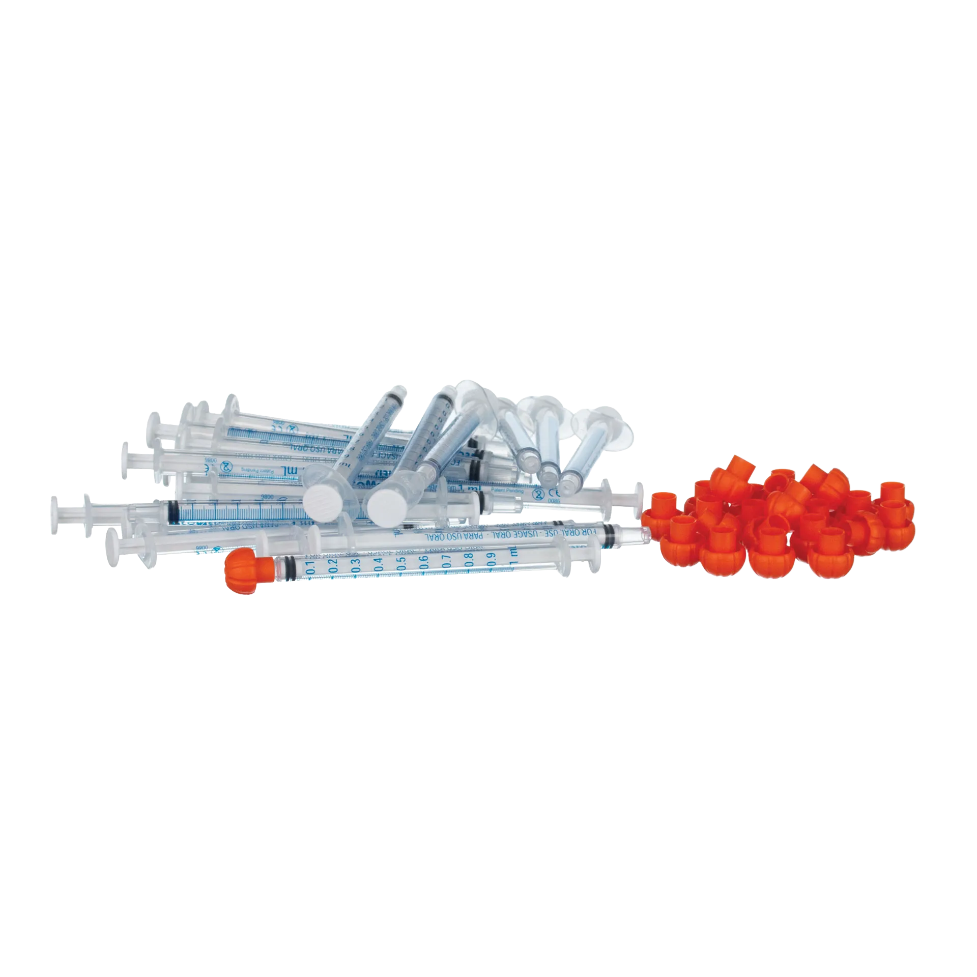 O-Ring Syringe,"Clear oral syringes with orange caps"