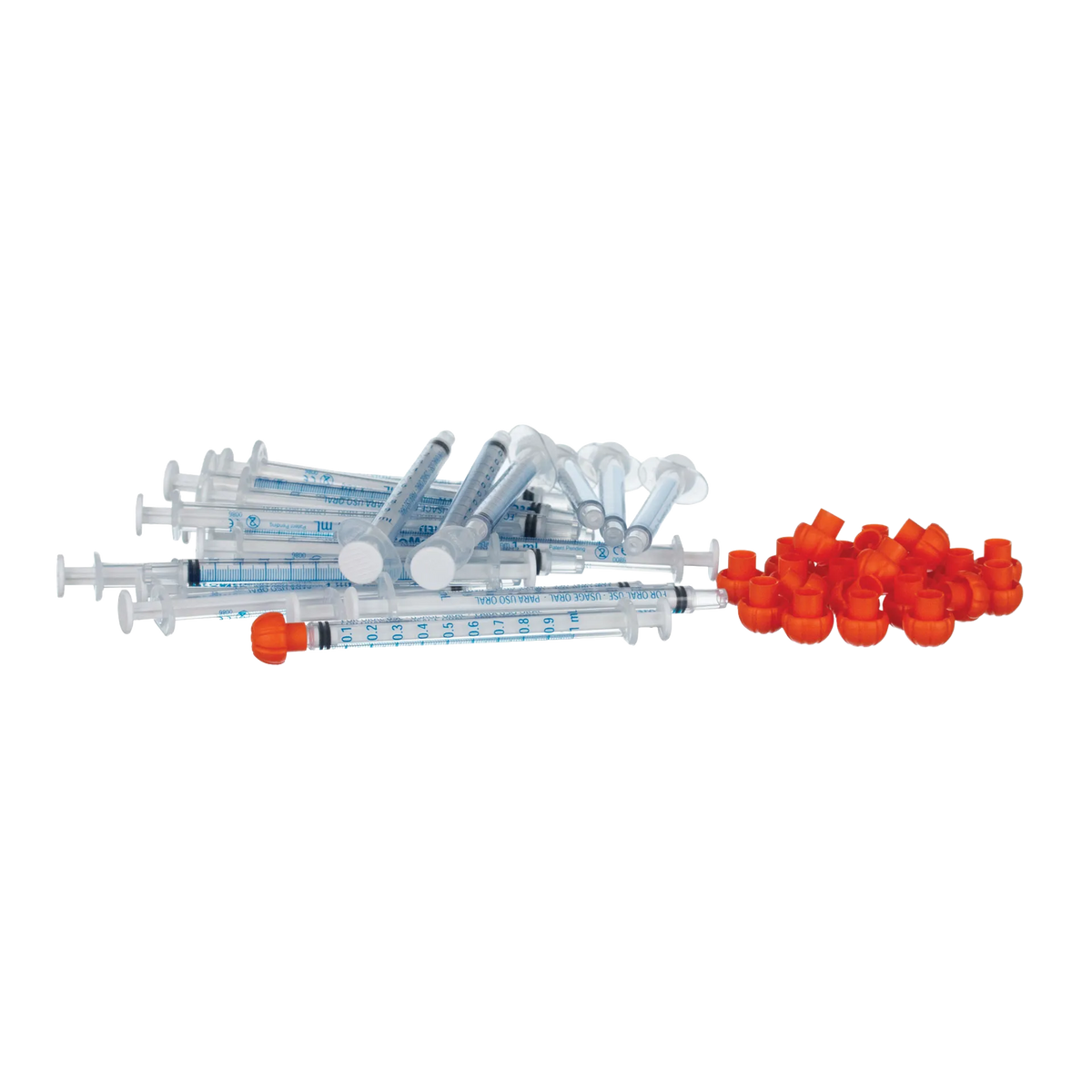 O-Ring Syringe,"Clear oral syringes with orange caps"