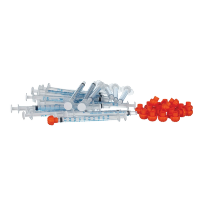 O-Ring Syringe,"Clear oral syringes with orange caps"