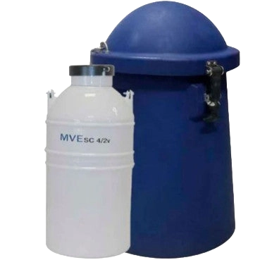 Newly Designed Next Generation Vapor Shipper,"White canister beside blue vapor shipper container"