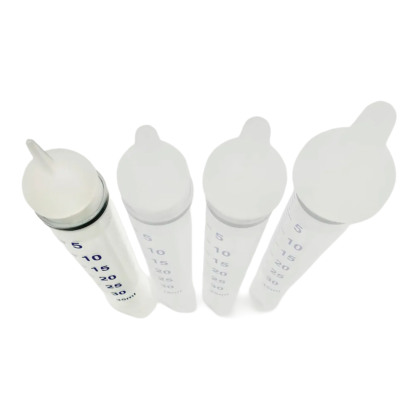 Puppywamer Latchons Syringe Nipple Feeders,"Four clear feeding syringes with white nipple tops"