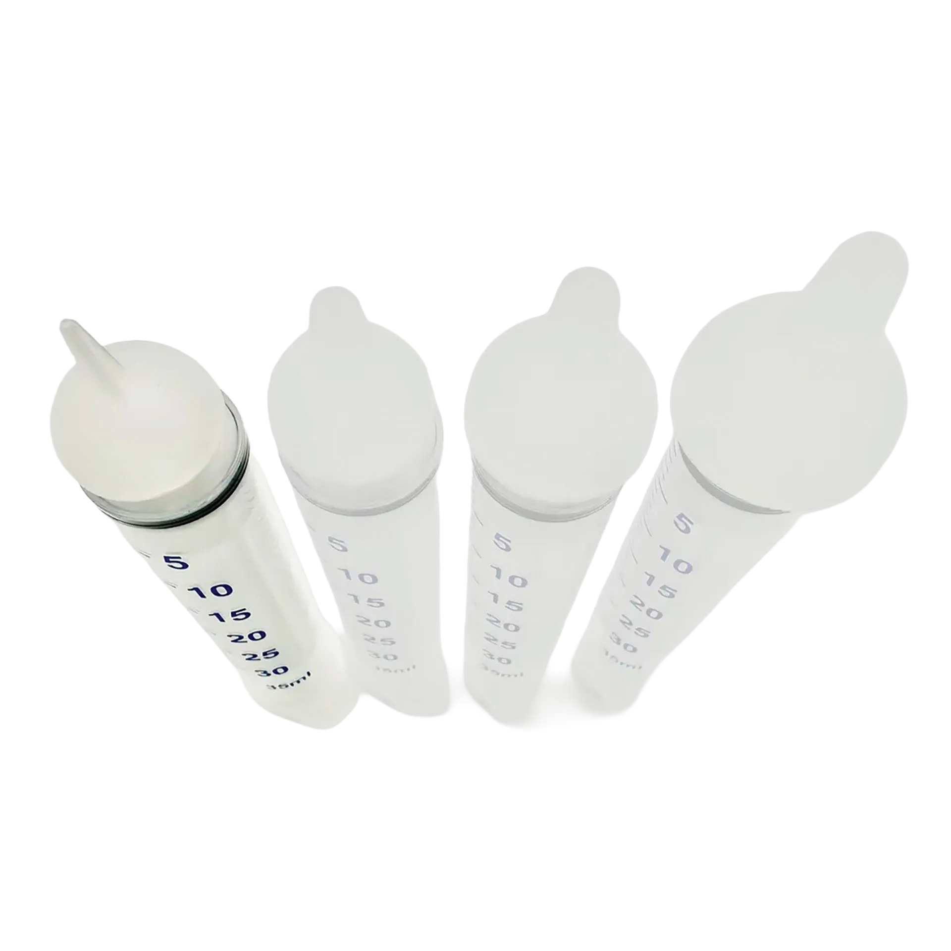 Puppywamer Latchons Syringe Nipple Feeders,"Four clear feeding syringes with white nipple tops"