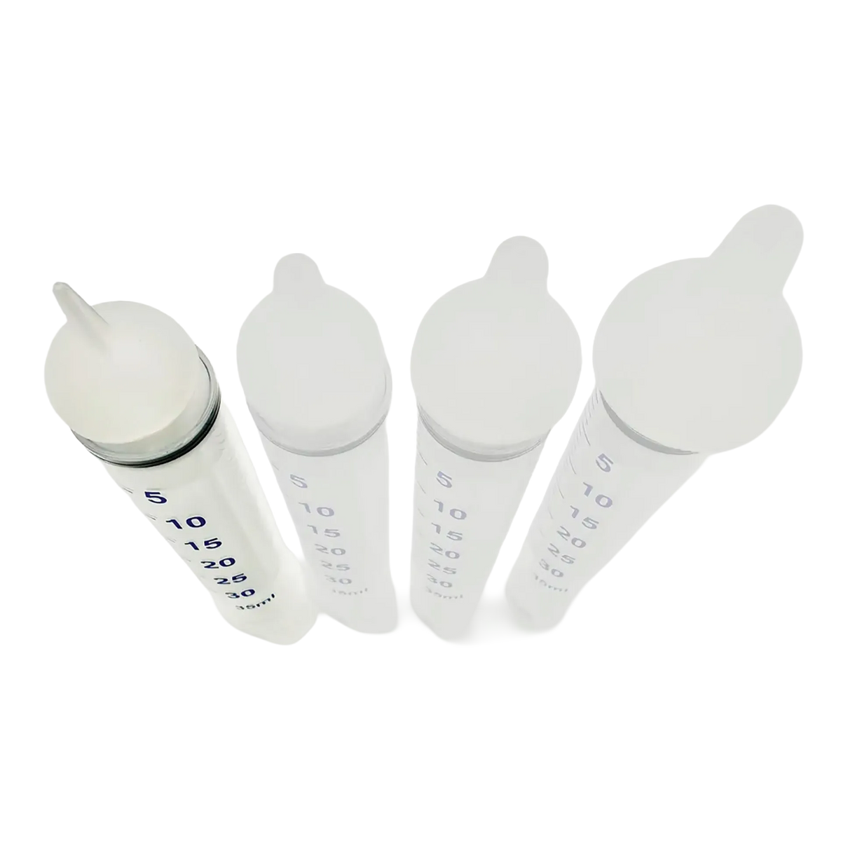 Puppywamer Latchons Syringe Nipple Feeders,"Four clear feeding syringes with white nipple tops"