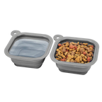 Replacement Collapsible Dog Bowls,"Two gray collapsible bowls, one filled with water and one with kibble"