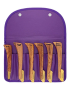 Aaronco Goldfin Set of 6 Gold Plated Stripping Knife,"Six wooden stripping knives in a purple storage pouch"