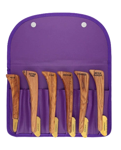 Aaronco Goldfin Set of 6 Gold Plated Stripping Knife,"Six wooden stripping knives in a purple storage pouch"
