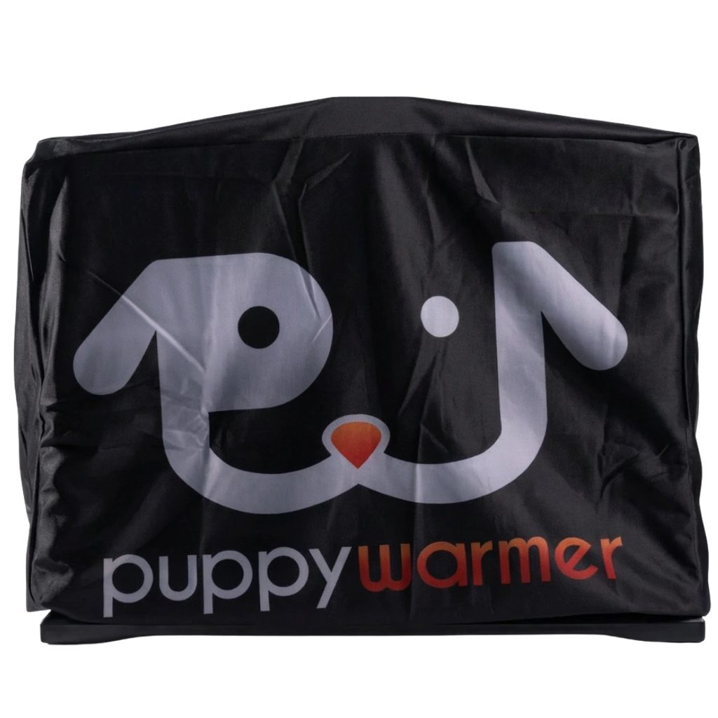 Puppywarmer Cover,"Black fitted cover with front flap over box-shaped unit"