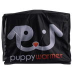 Puppywarmer Cover,"Black fitted cover with front flap over box-shaped unit"