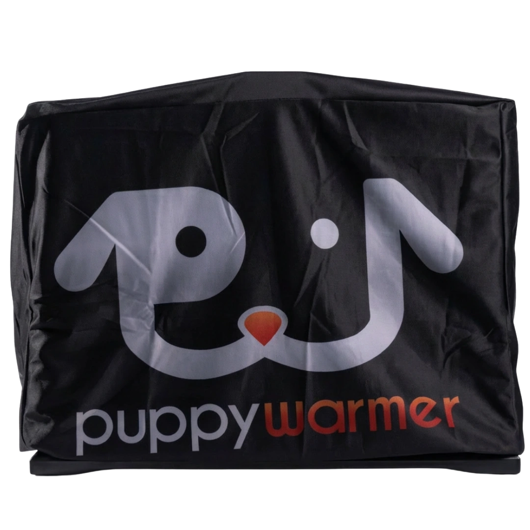 Puppywarmer Cover,"Black fitted cover with front flap over box-shaped unit"