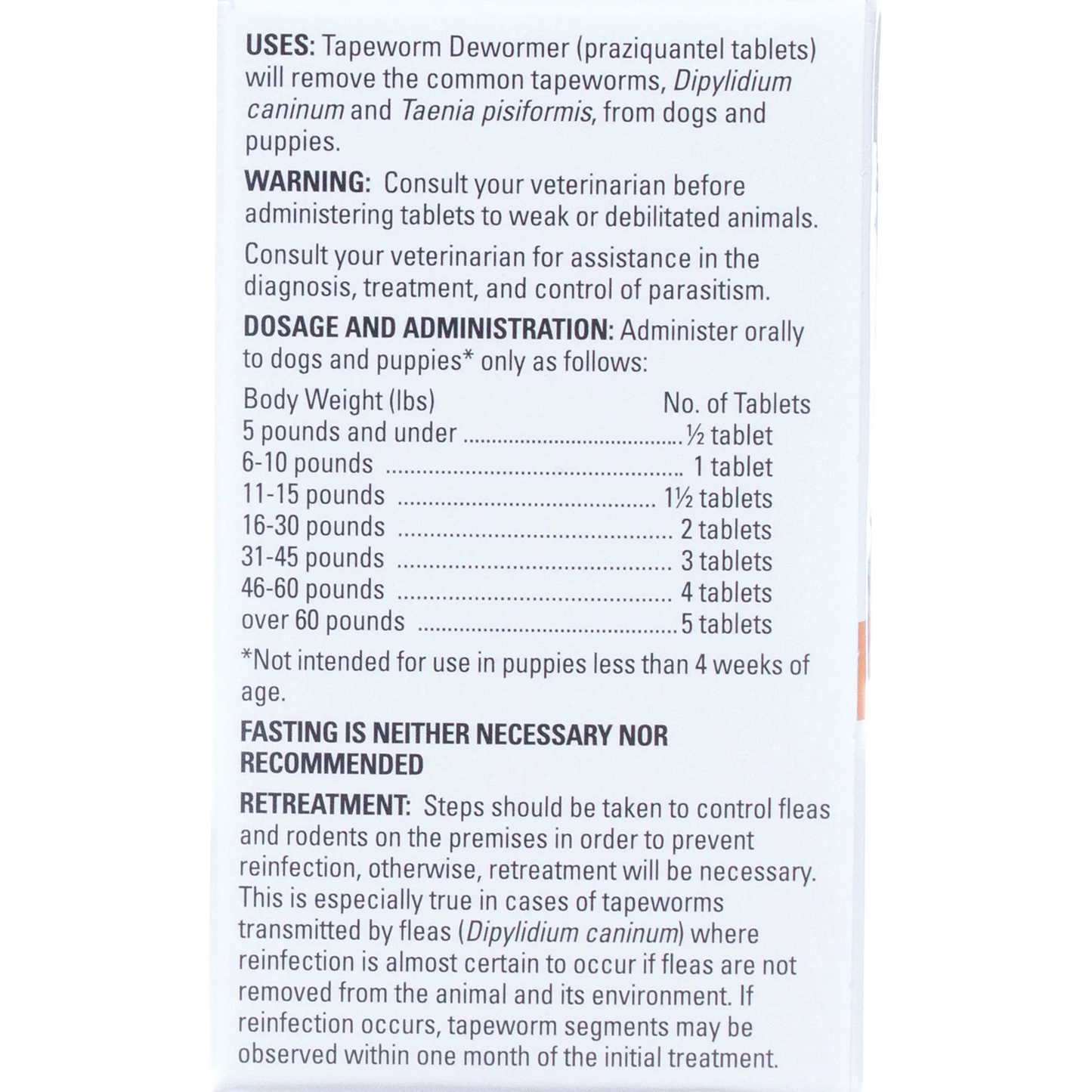 Tapeworm Dewormer,"Back of product box with dosage and warning panel"