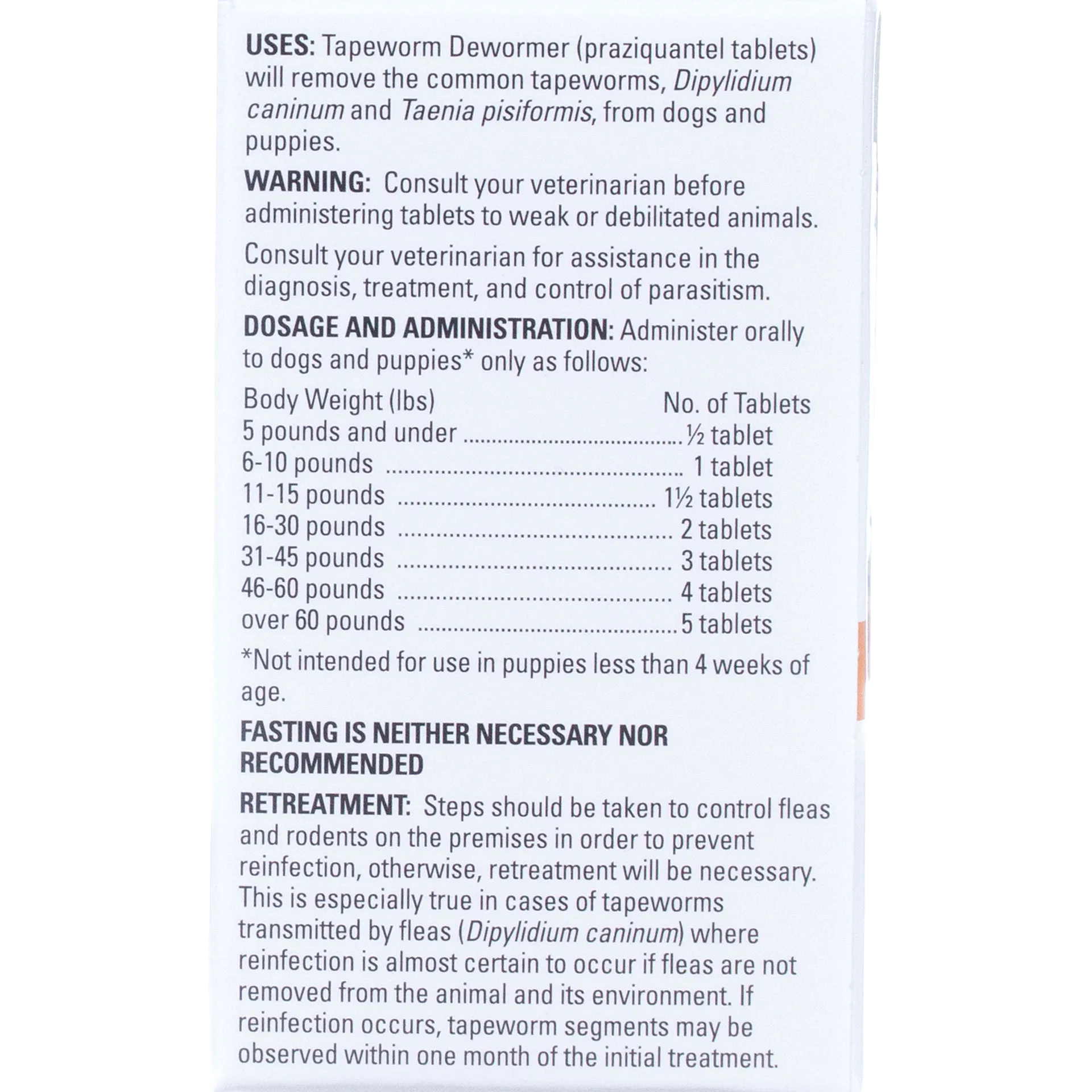 Tapeworm Dewormer,"Back of product box with dosage and warning panel"