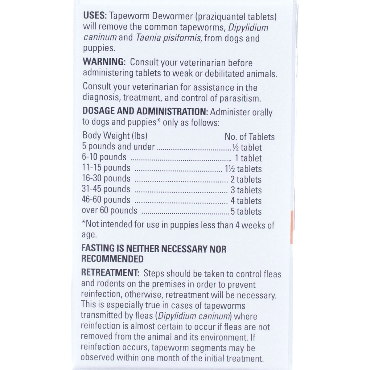 Tapeworm Dewormer,"Back of product box with dosage and warning panel"