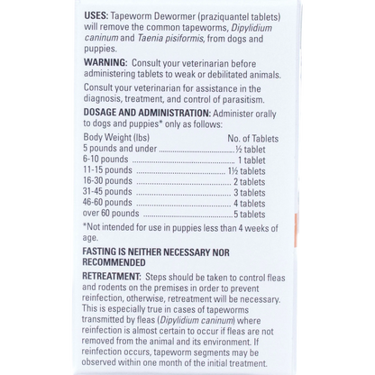 Tapeworm Dewormer,"Back of product box with dosage and warning panel"