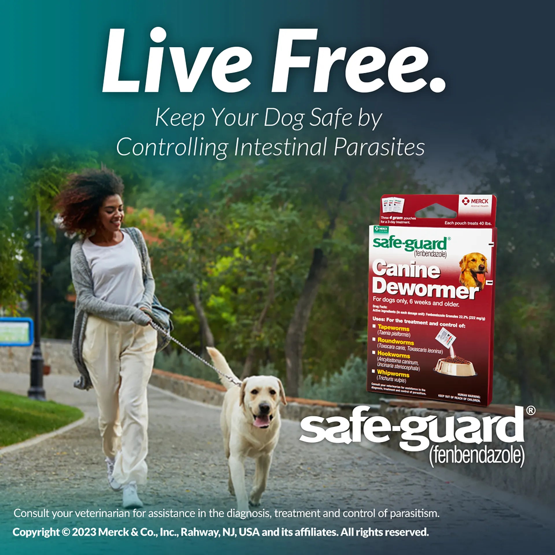 Safe-Guard® Canine Dewormer for Dogs,"Dewormer box packaging with dog walking scene"