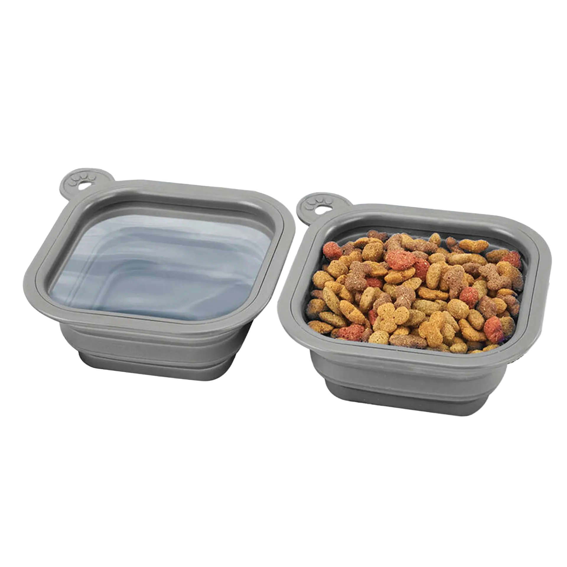 Replacement Collapsible Dog Bowls,"Two gray collapsible bowls, one with water and one with kibble"