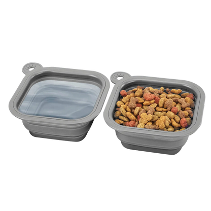 Replacement Collapsible Dog Bowls,"Two gray collapsible bowls, one with water and one with kibble"