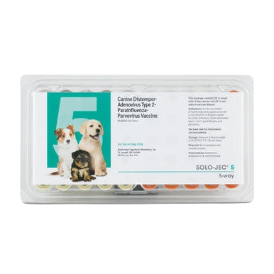 Solo-Jec® 5 Vaccine for Dogs,"Blister pack with labeled card and row of vaccine vials"