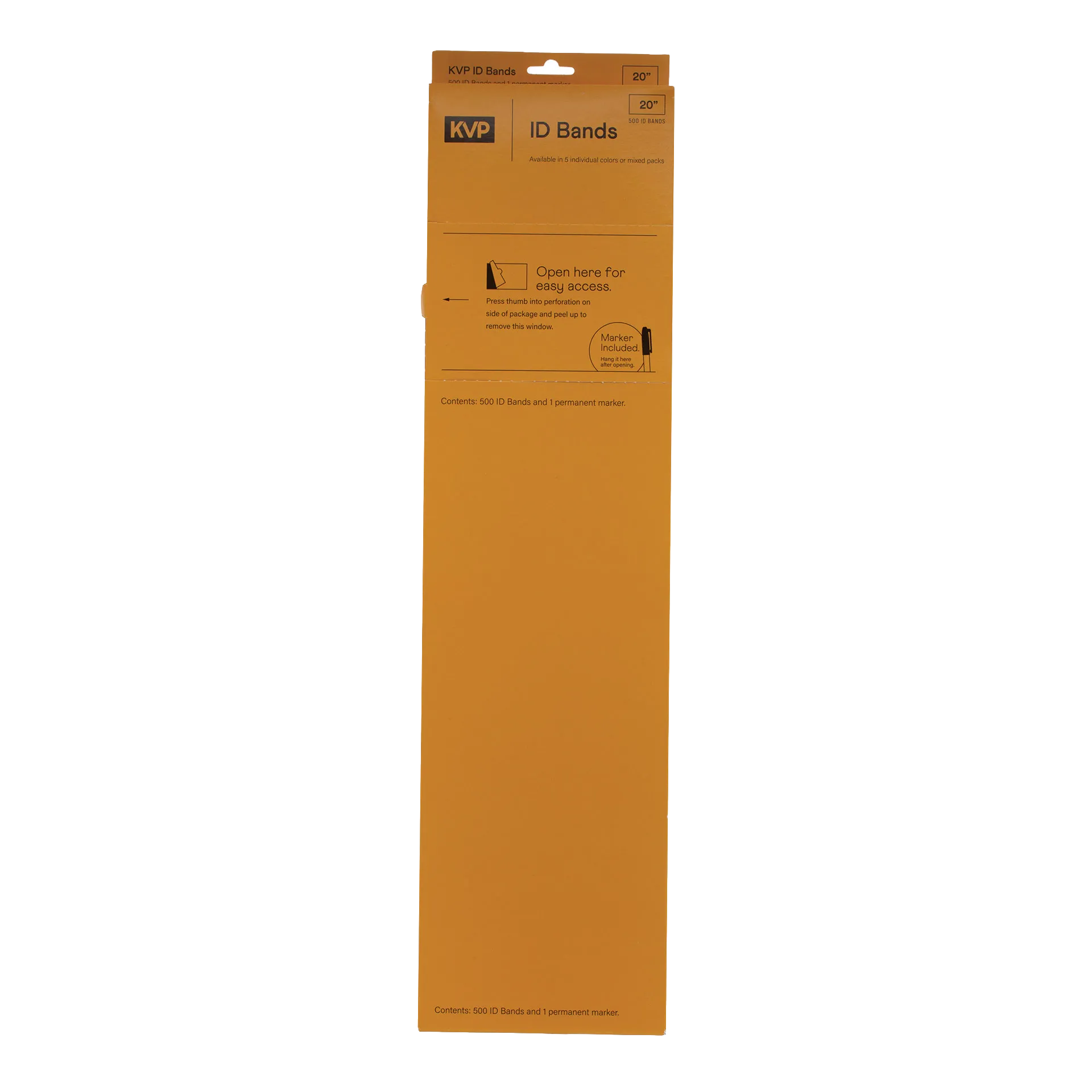 KVP ID Bands,"Tall orange dispenser box for ID bands"