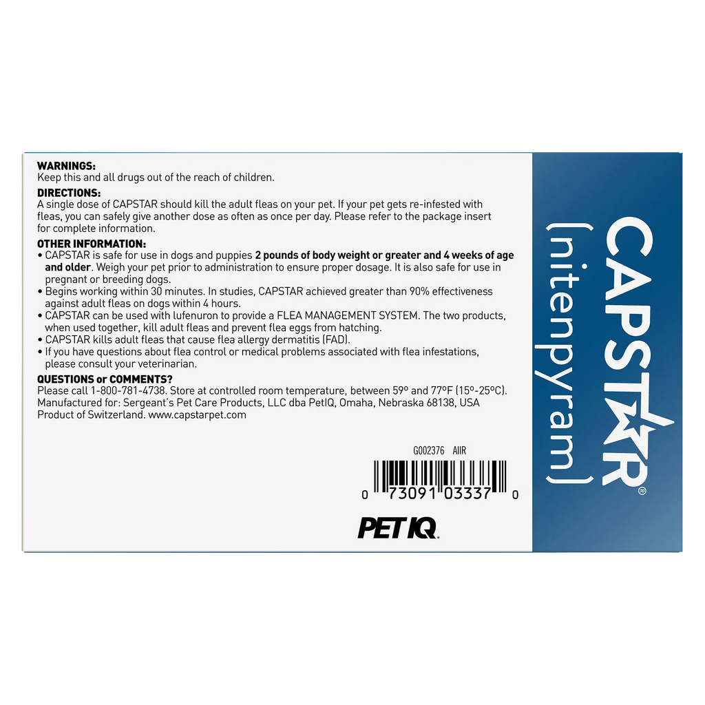 Capstar™,"Back of box with directions panel and blue side stripe"