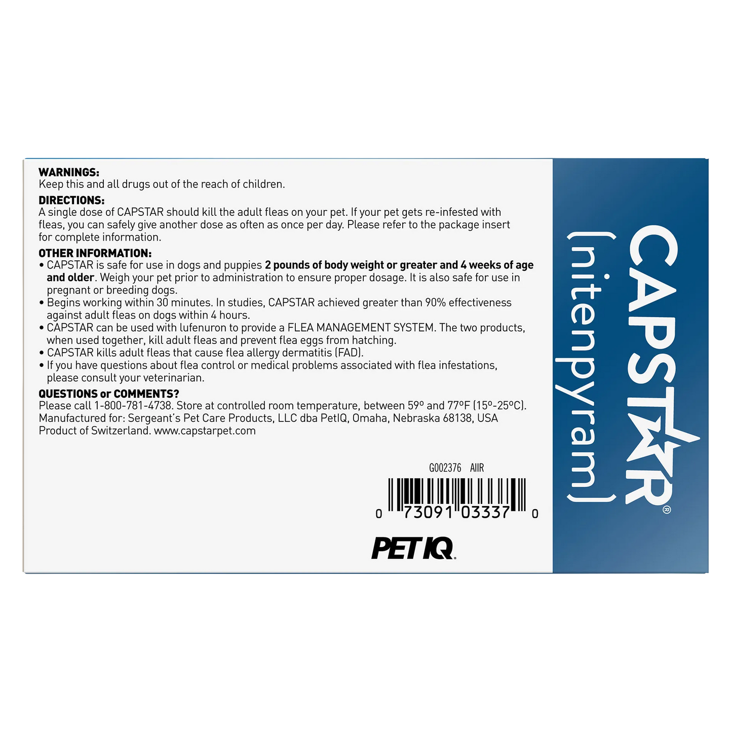 Capstar™,"Back of box with directions panel and blue side stripe"