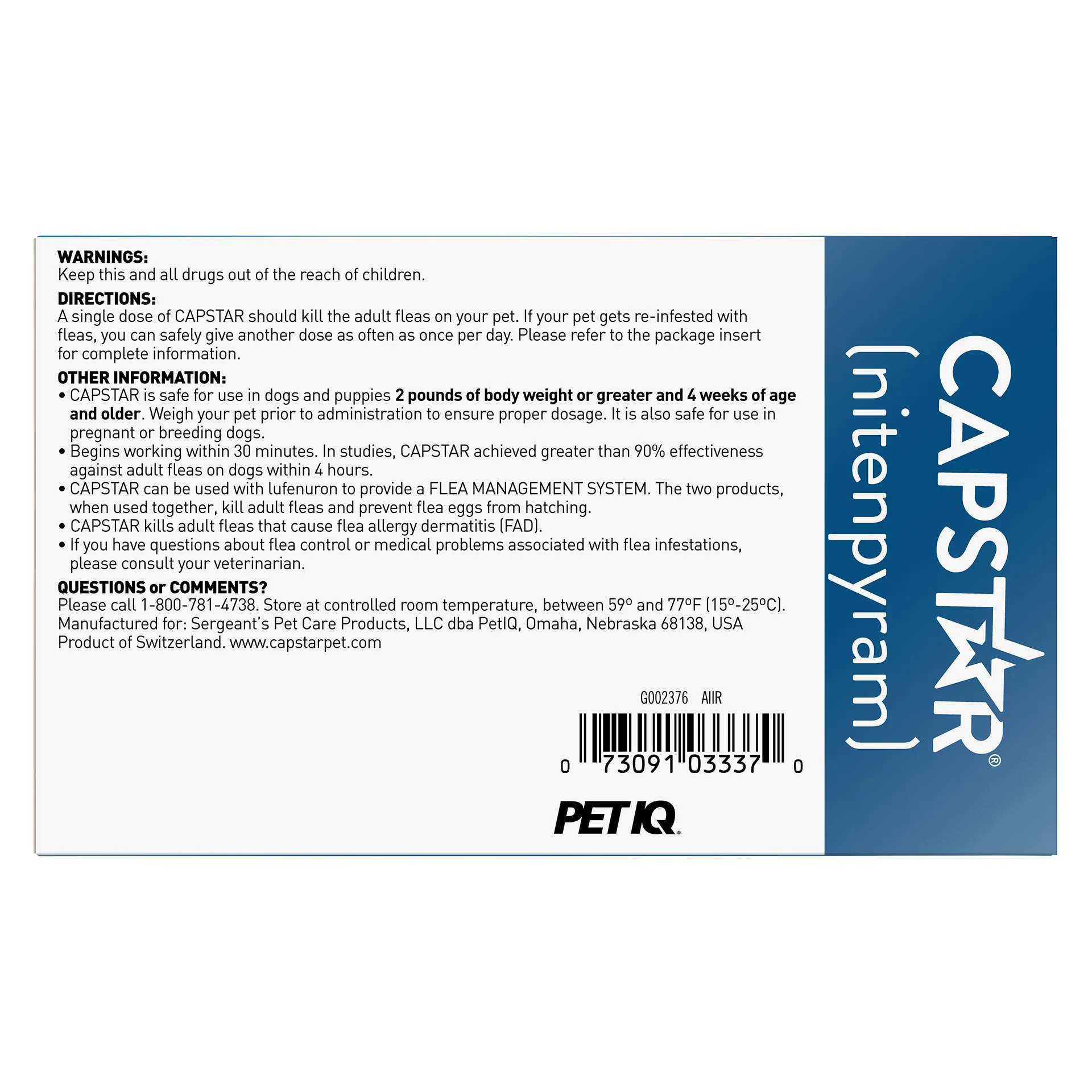 Capstar™,"Back of box with directions panel and blue side stripe"