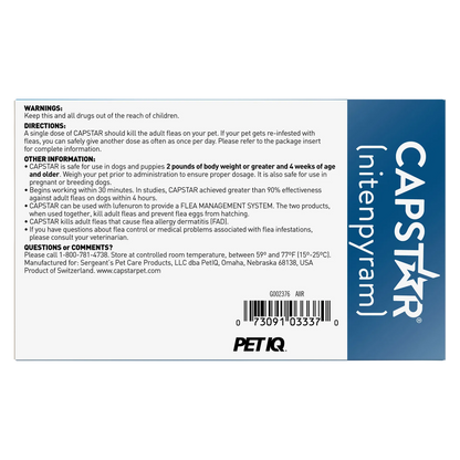 Capstar™,"Back of box with directions panel and blue side stripe"