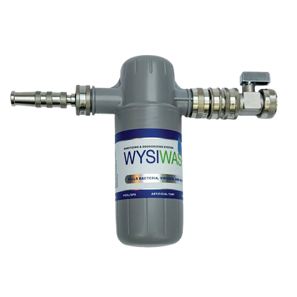 Wysiwash® Sanitizing System,"Gray canister with metal hose connectors and shutoff valve"