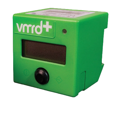 VMRD+ Reader,"Green cube-shaped reader with display screen and button"