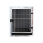 Module Stack Duo Dog Grooming Stainless Steel Cage,"Front view of stainless steel cage with barred door and tray"