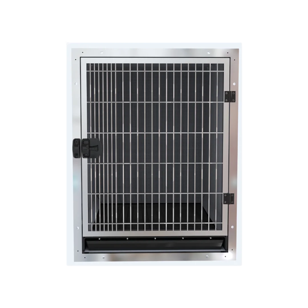 Module Stack Duo Dog Grooming Stainless Steel Cage,"Front view of stainless steel cage with barred door and tray"
