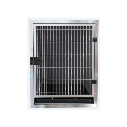 Module Stack Duo Dog Grooming Stainless Steel Cage,"Front view of stainless steel cage with barred door and tray"