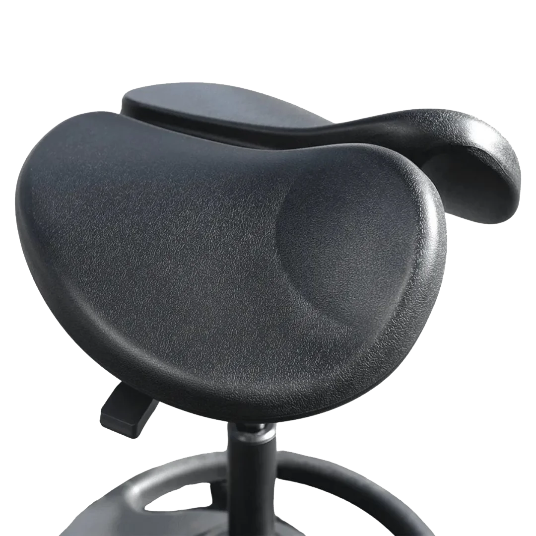 Dog Grooming Ergonomic Wobble Saddle Stool by Waggz,"Close-up of black saddle stool seat"